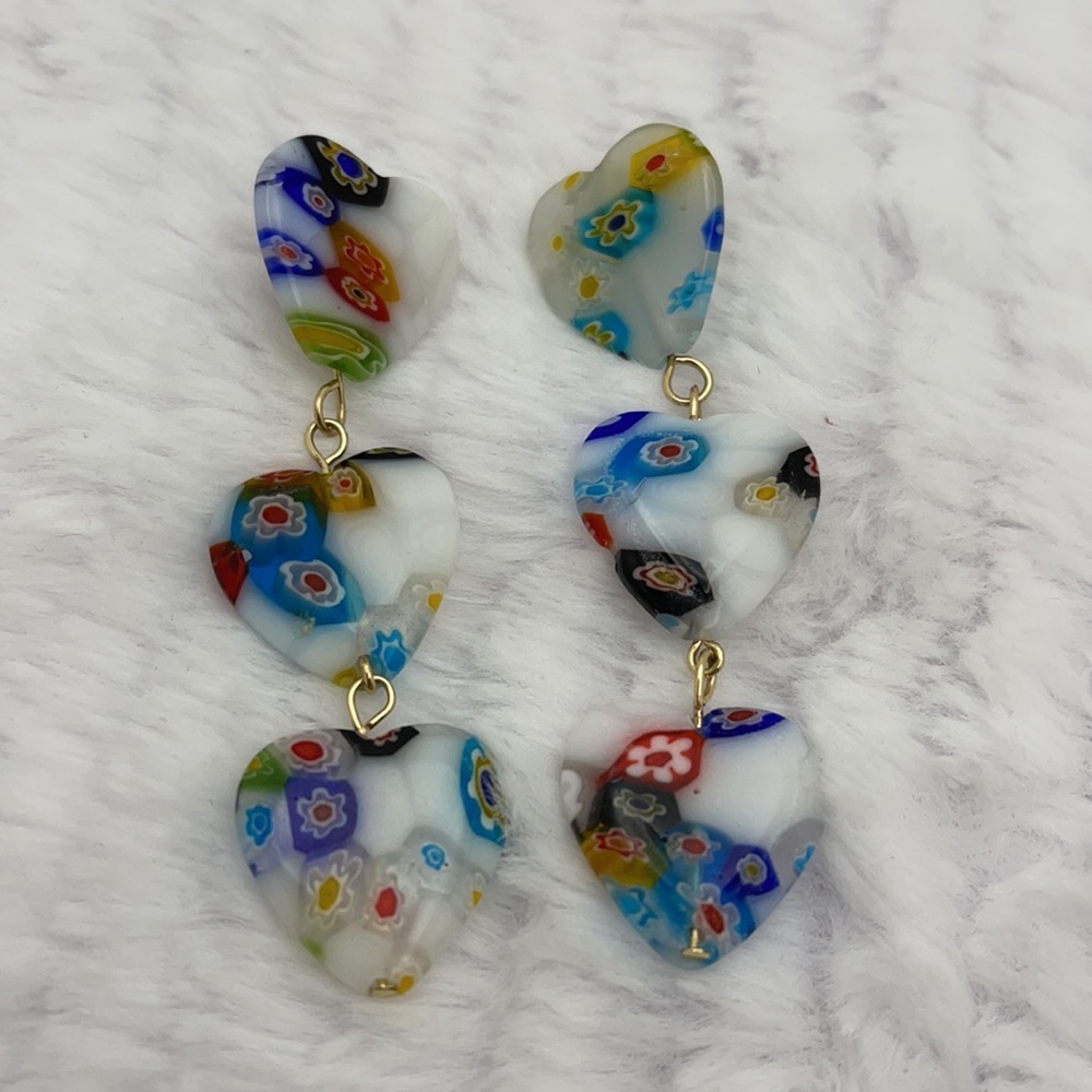 Triple Heart Glass Bead Abstract Floral Earrings